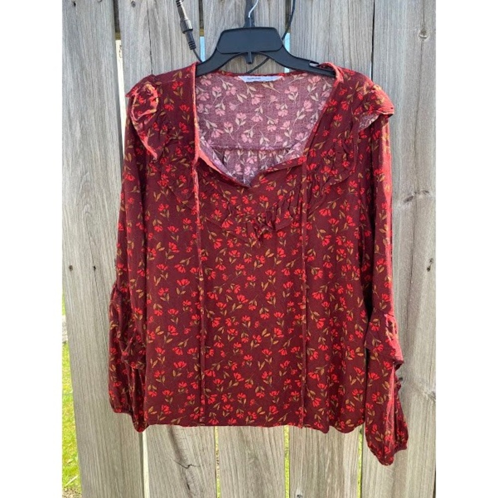 Sonoma Goods For Life Burgundy‎ Floral Ruffle Tie Neck Blouse Womens Large